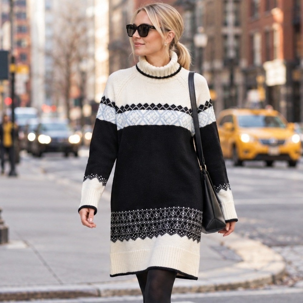 Tuckernuck Fair Isle Sweater Dress S Black Ivory Wool Turtleneck Nordic Saltire